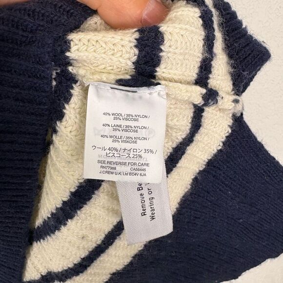 J. Crew Wool Cream & Navy Blue Striped Turtleneck Pullover Sweater Size M - Picture 10 of 11